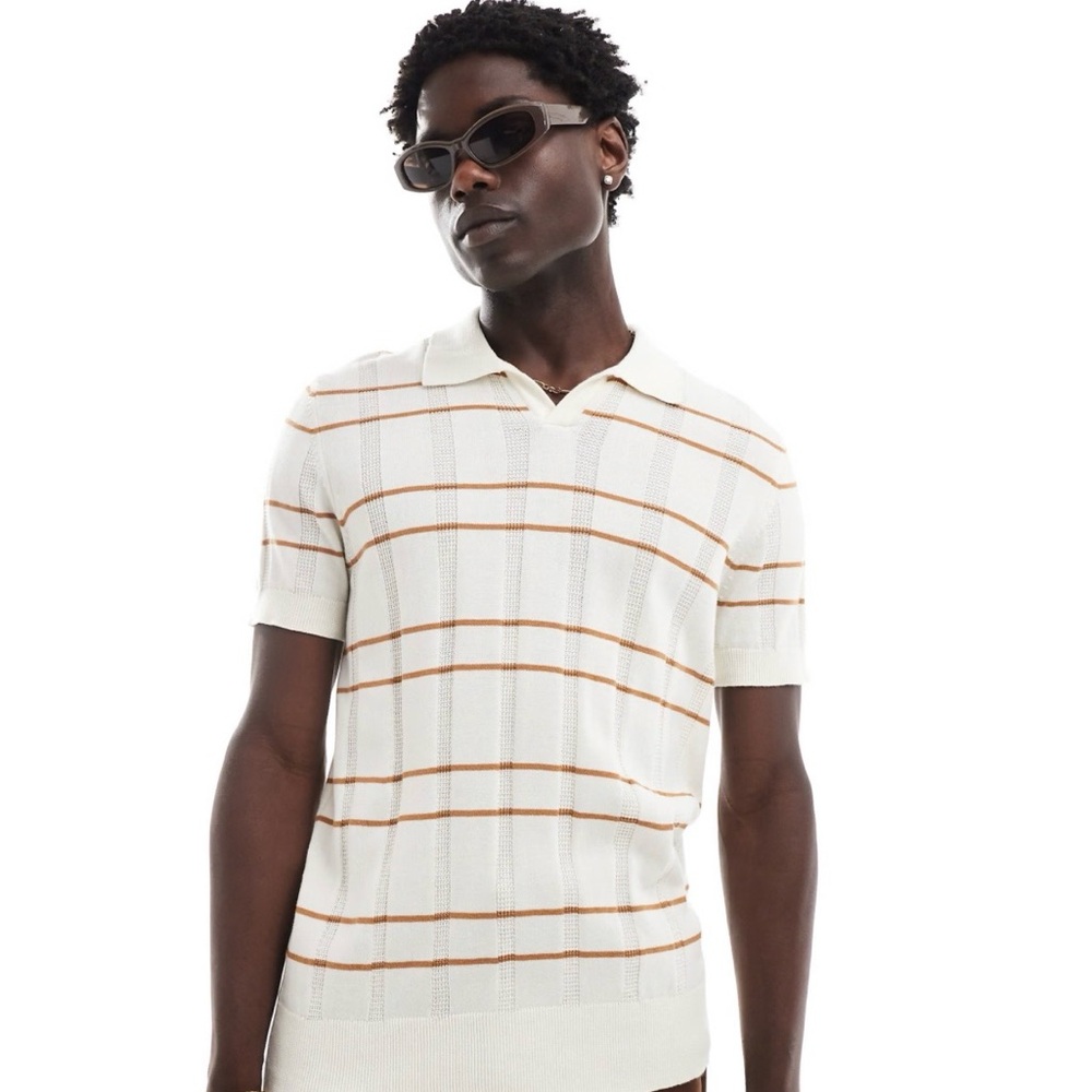 Men's White Striped Sweater Shirt Men’s Medium Open Collar